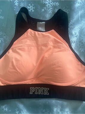 PINK Victoria's Secret Coral and Black High-Neck Sports Bra